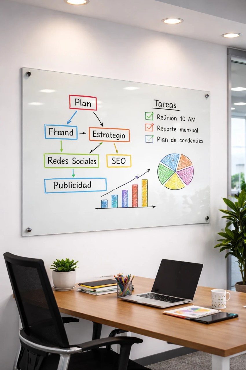 Pizarra de vidrio templado instalada en oficina moderna en ecuador con diseño minimalista y acabado brillante.